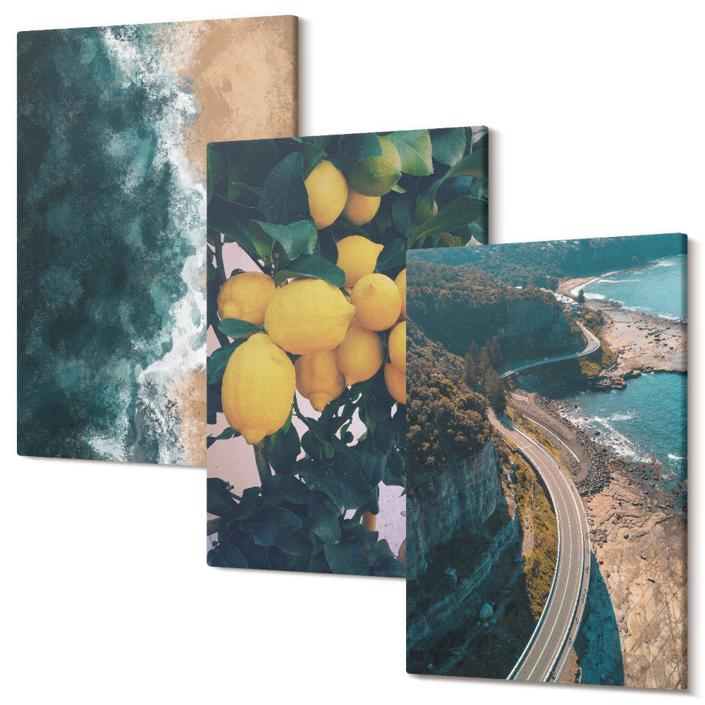Zestaw obrazów 3 części tryptyk Morze plaża cytryny krajobraz górski droga nadmorska