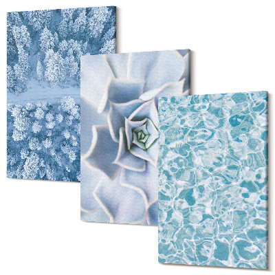 Zestaw obrazów tryptyk na ścianę Zimowy las niebieski kwiat błękitna tafla wody