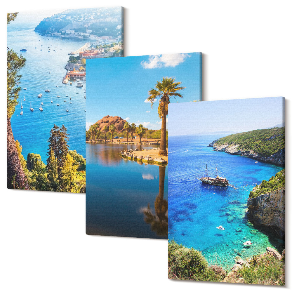 Zestaw obrazów 3 części tryptyk Widoki nadmorskie z palmami i błękitną wodą