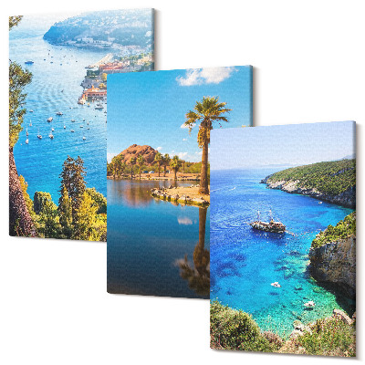 Zestaw obrazów 3 części tryptyk Widoki nadmorskie z palmami i błękitną wodą