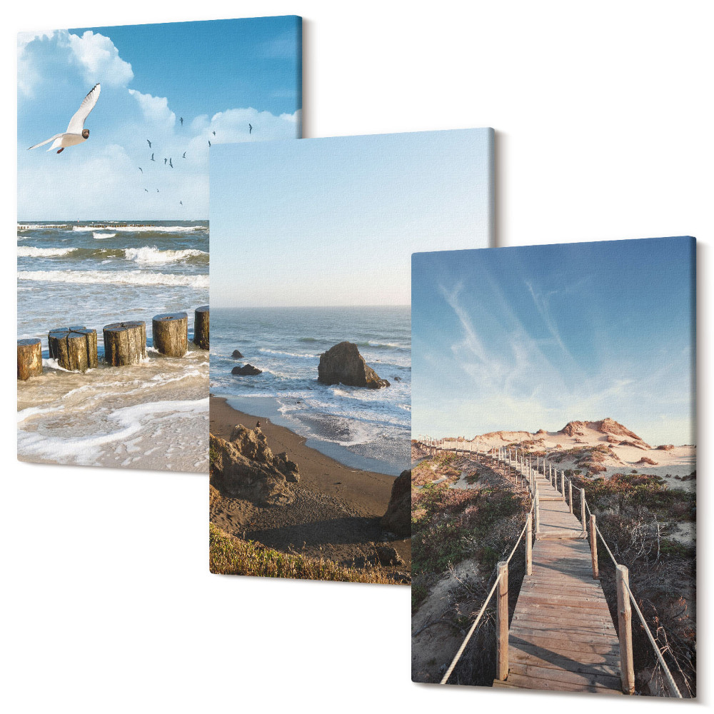 Zestaw obrazów na płótnie tryptyk Widok plaży z falami niebem i molo spacerowym