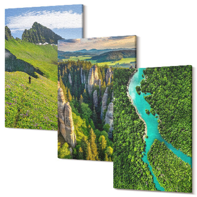 Zestaw obrazów 3 części tryptyk Zielone krajobrazy górskie z rzeką i skałami
