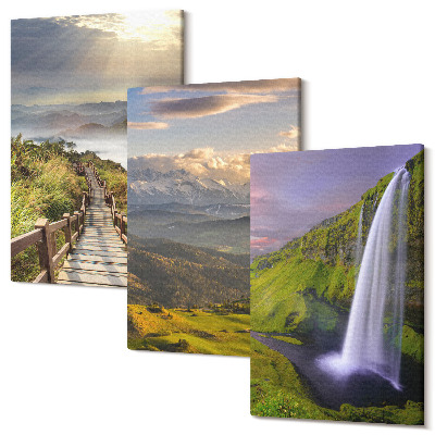 Zestaw obrazów na płótnie tryptyk Malownicze krajobrazy górskie z wodospadem i ścieżką