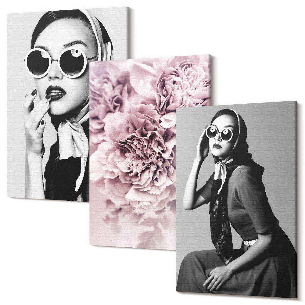 Zestaw obrazów tryptyk na ścianę Stylowe portrety kobiet z różowymi kwiatami