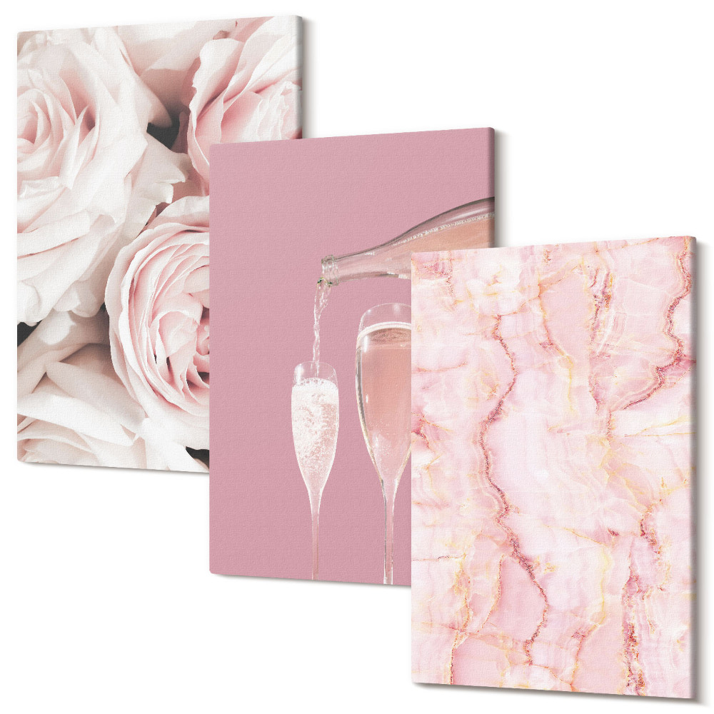 Zestaw obrazów 3 części tryptyk Róże szampan i marmurowe tło w pastelowych kolorach