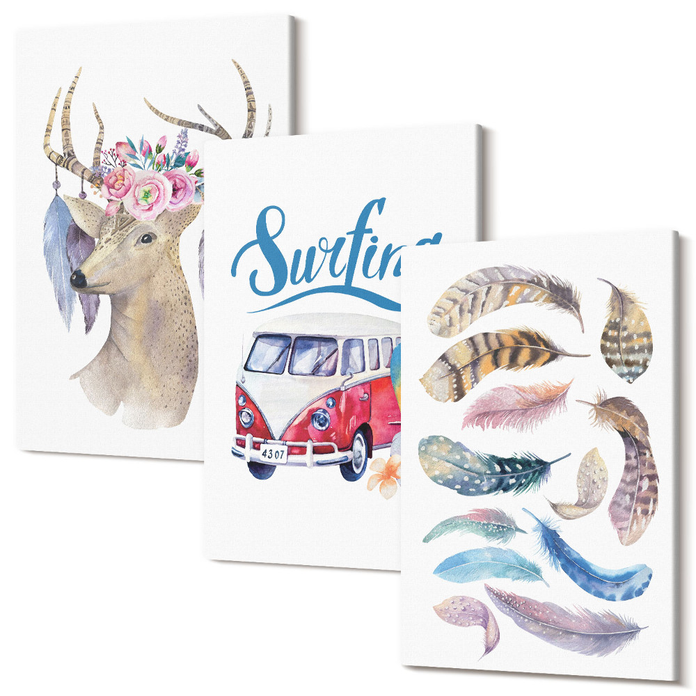 Zestaw obrazów 3 części tryptyk Rogaty jeleń z kwiatami furgonetka wakacyjna pióra