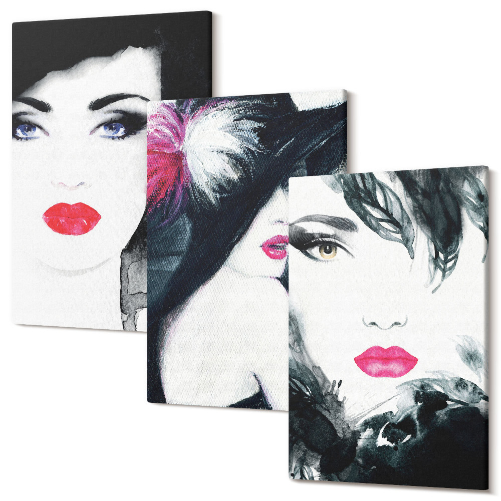 Zestaw obrazów 3 części tryptyk Malowane portrety kobiet z wyrazistymi ustami