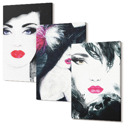 Zestaw obrazów 3 części tryptyk Malowane portrety kobiet z wyrazistymi ustami