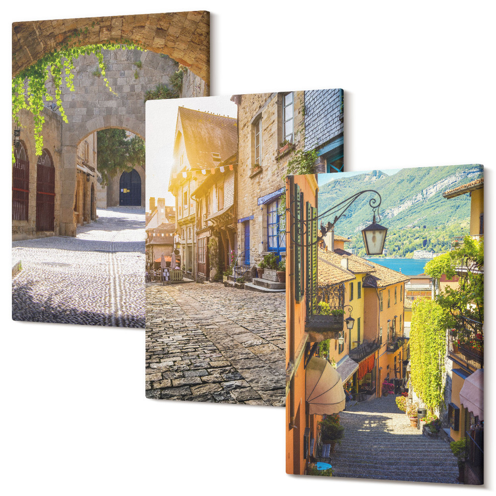 Zestaw obrazów 3 części tryptyk Urokliwe uliczki z kamiennymi budynkami i bramami