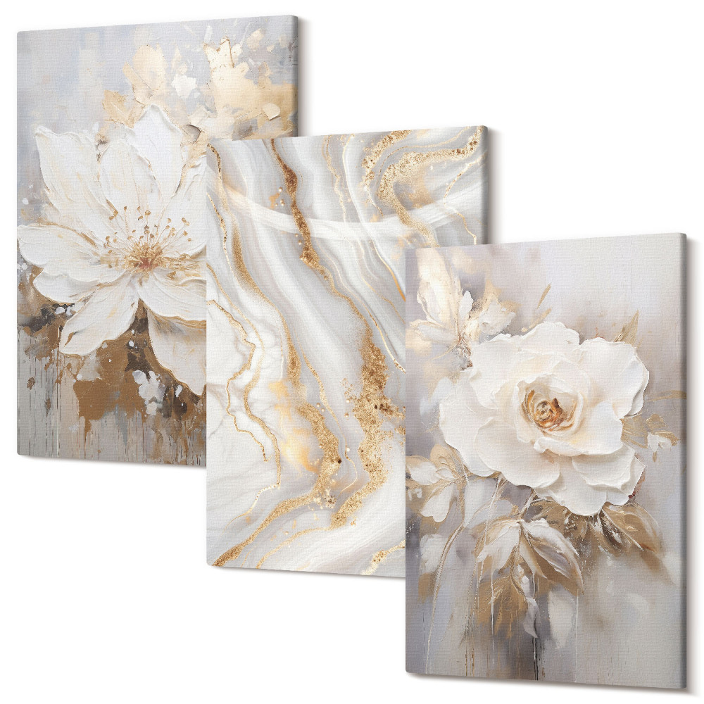 Zestaw obrazów na płótnie tryptyk Kwiaty i abstrakcyjny wzór marmuru