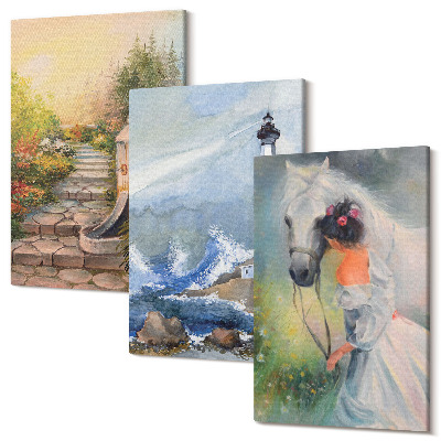 Zestaw obrazów 3 części tryptyk Scenerie przyrody latarnia morska i dziewczyna z koniem