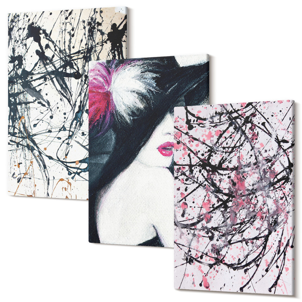 Zestaw obrazów tryptyk na ścianę Abstrakcyjne wzory farb kobieta w kapeluszu