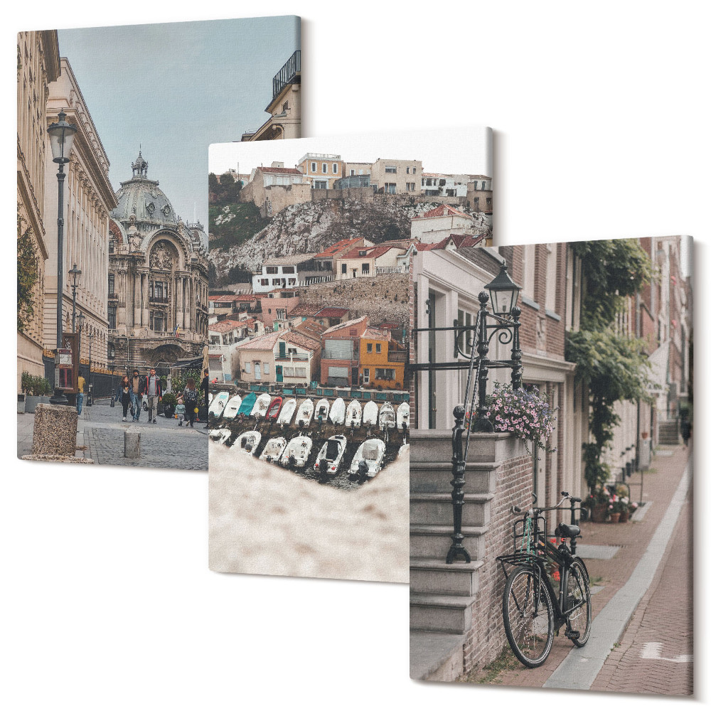 Zestaw obrazów na płótnie tryptyk Urokliwe uliczki miast z widokiem na port i budynki