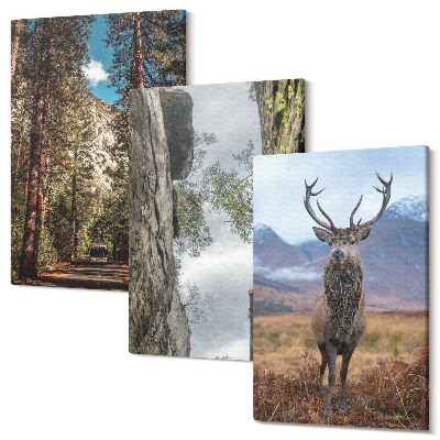 Zestaw obrazów na płótnie tryptyk Droga w lesie góry i jeleń w naturze
