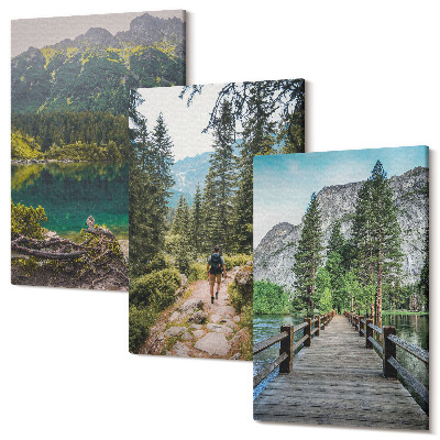 Zestaw obrazów tryptyk na ścianę Góry jeziora lasy i ścieżki w naturze