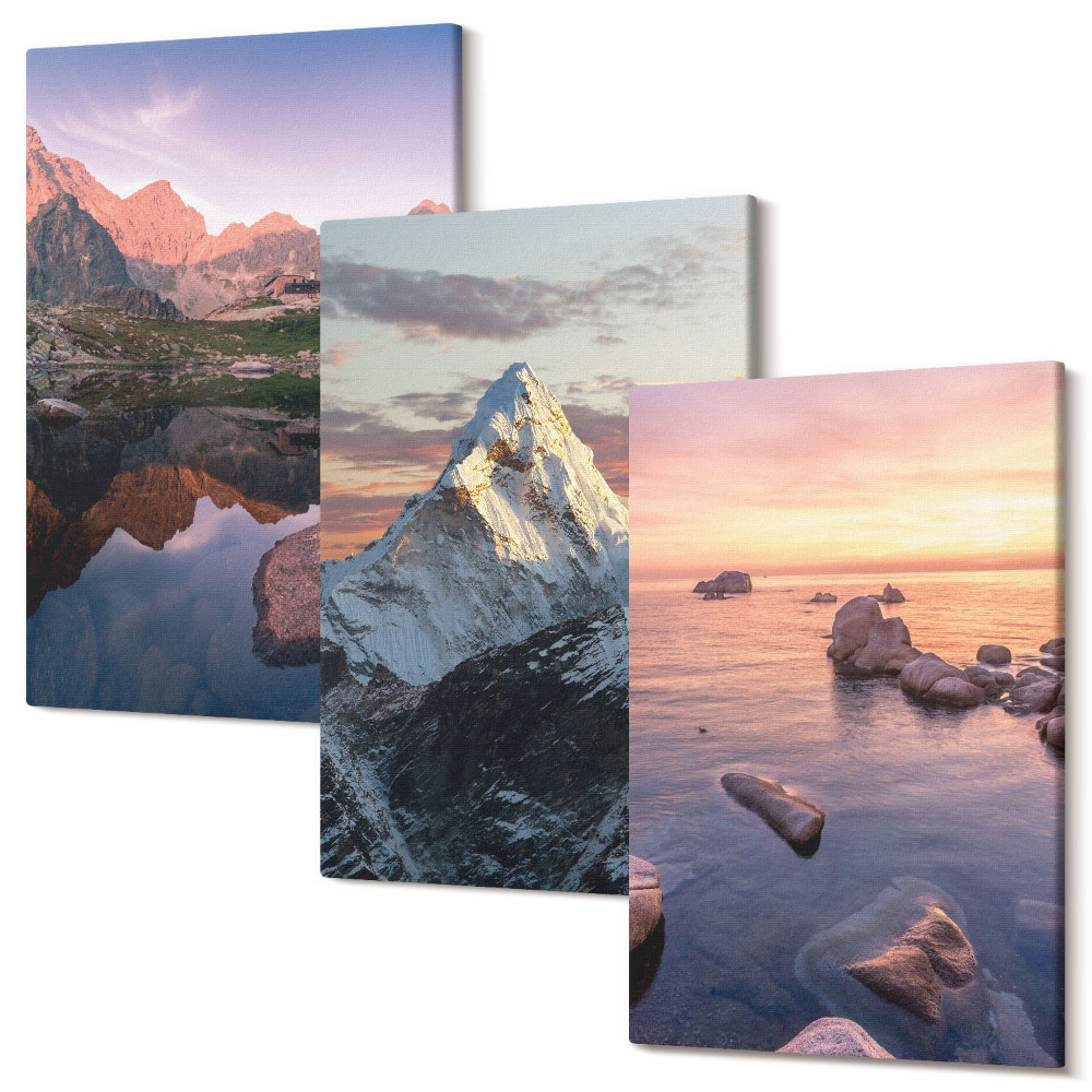 Zestaw obrazów 3 części tryptyk Górskie krajobrazy z wodą i skałami w tle