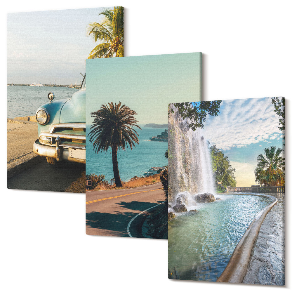 Zestaw obrazów 3 części tryptyk Wakacyjne krajobrazy z palmami i wodospadem