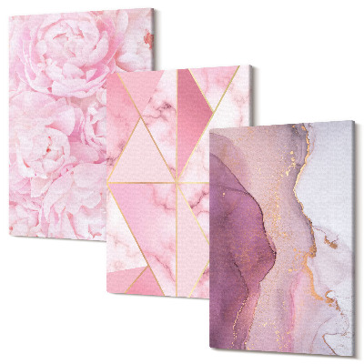 Zestaw obrazów 3 części tryptyk Różowe kwiaty piwonie geometryczne wzory