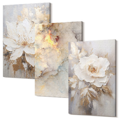 Zestaw obrazów 3 części tryptyk Kwiaty na jasnym tle z abstrakcyjnymi wzorami