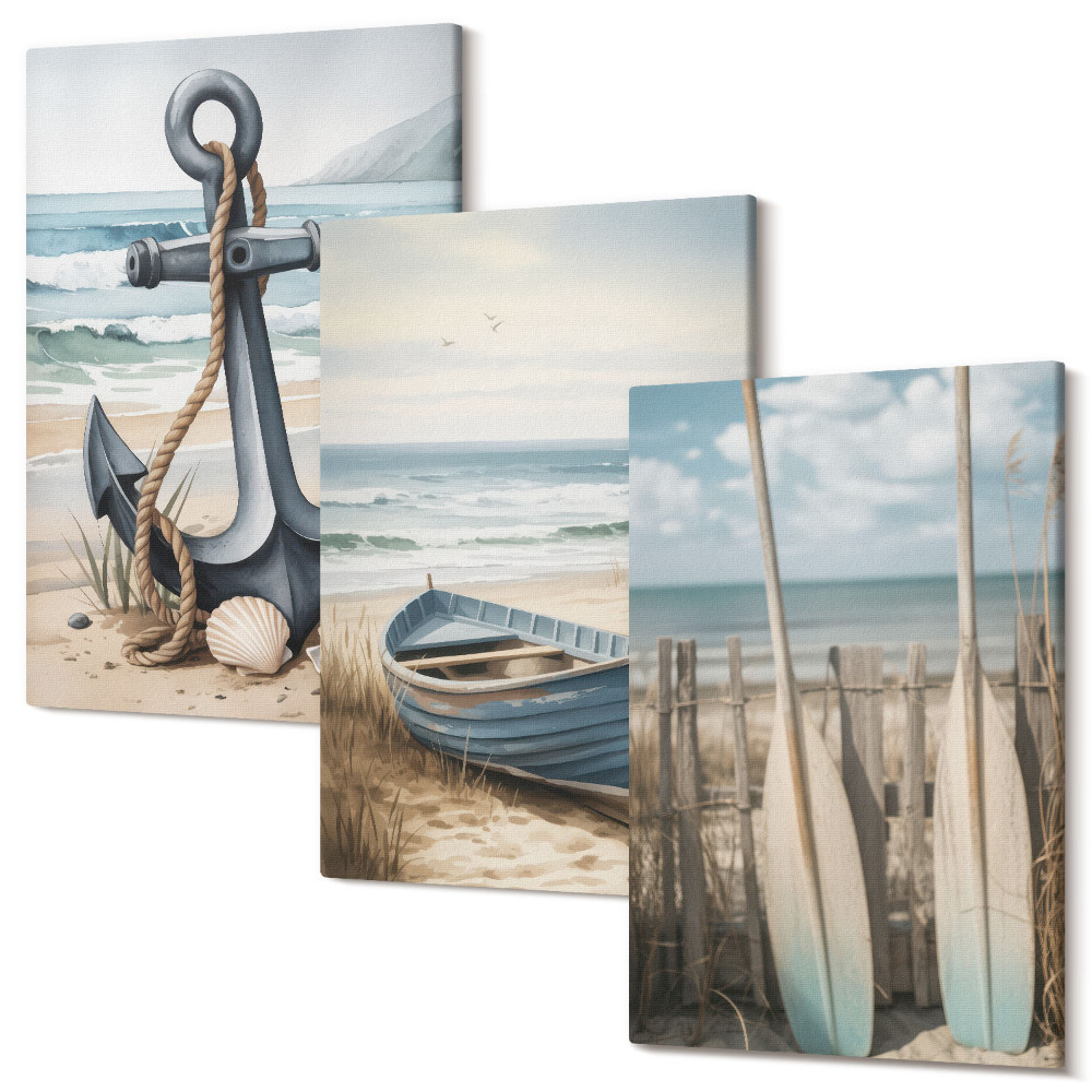 Zestaw obrazów 3 części tryptyk Kotwica łódka i wiosła na plaży z morzem