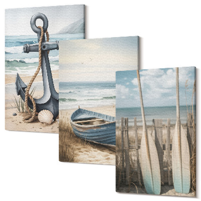Zestaw obrazów 3 części tryptyk Kotwica łódka i wiosła na plaży z morzem