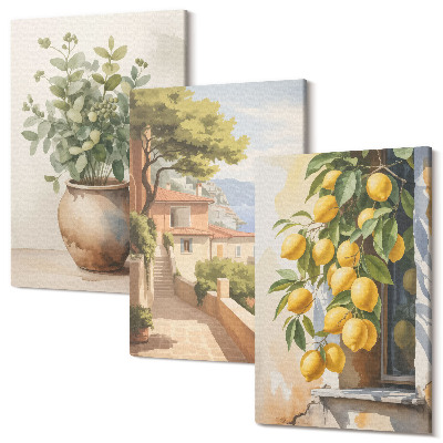Zestaw obrazów tryptyk na ścianę Kwiaty w wazonie widok na morze i cytryny