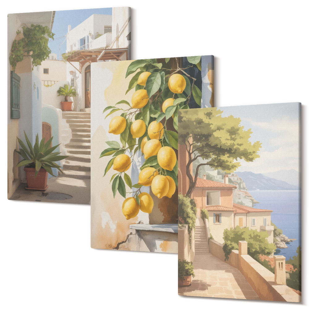 Zestaw obrazów 3 części tryptyk Urokliwe uliczki z cytrynami i widokiem na morze