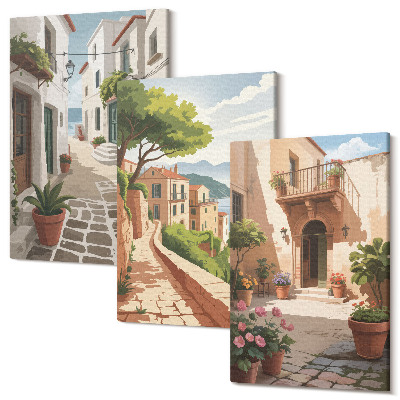Zestaw obrazów tryptyk na ścianę Malownicze uliczki z domami i roślinami w donicach