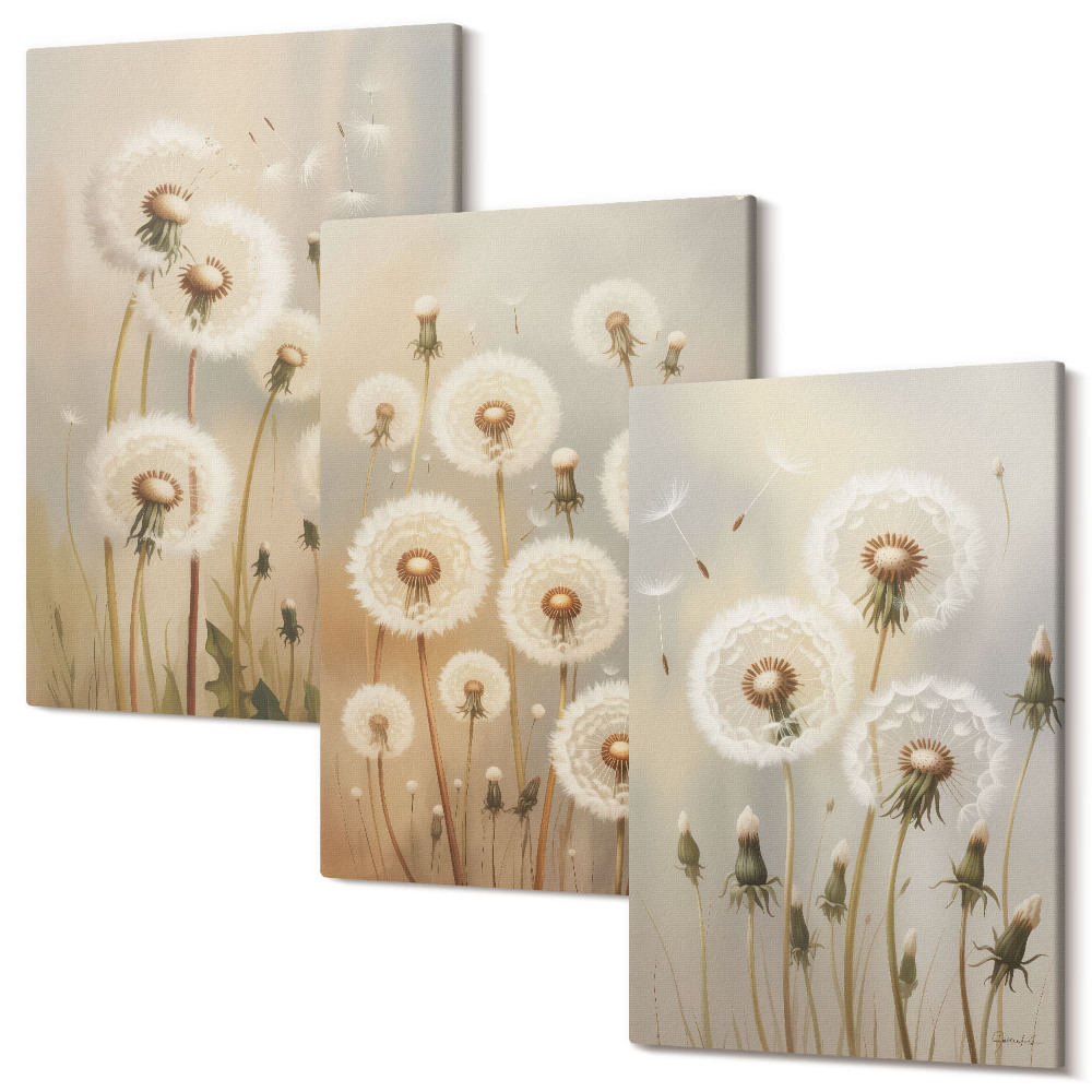Zestaw obrazów na płótnie tryptyk Białe dmuchawce na tle jasnych kolorów