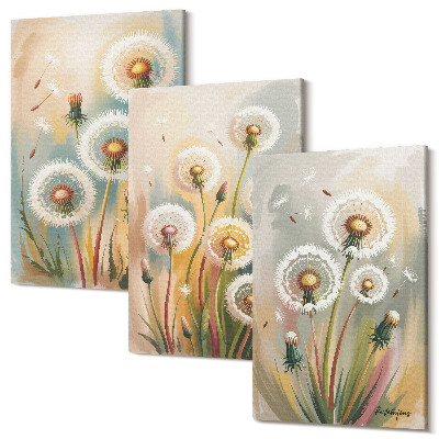 Zestaw obrazów 3 części tryptyk Kwiaty dmuchawców na tle pastelowych traw