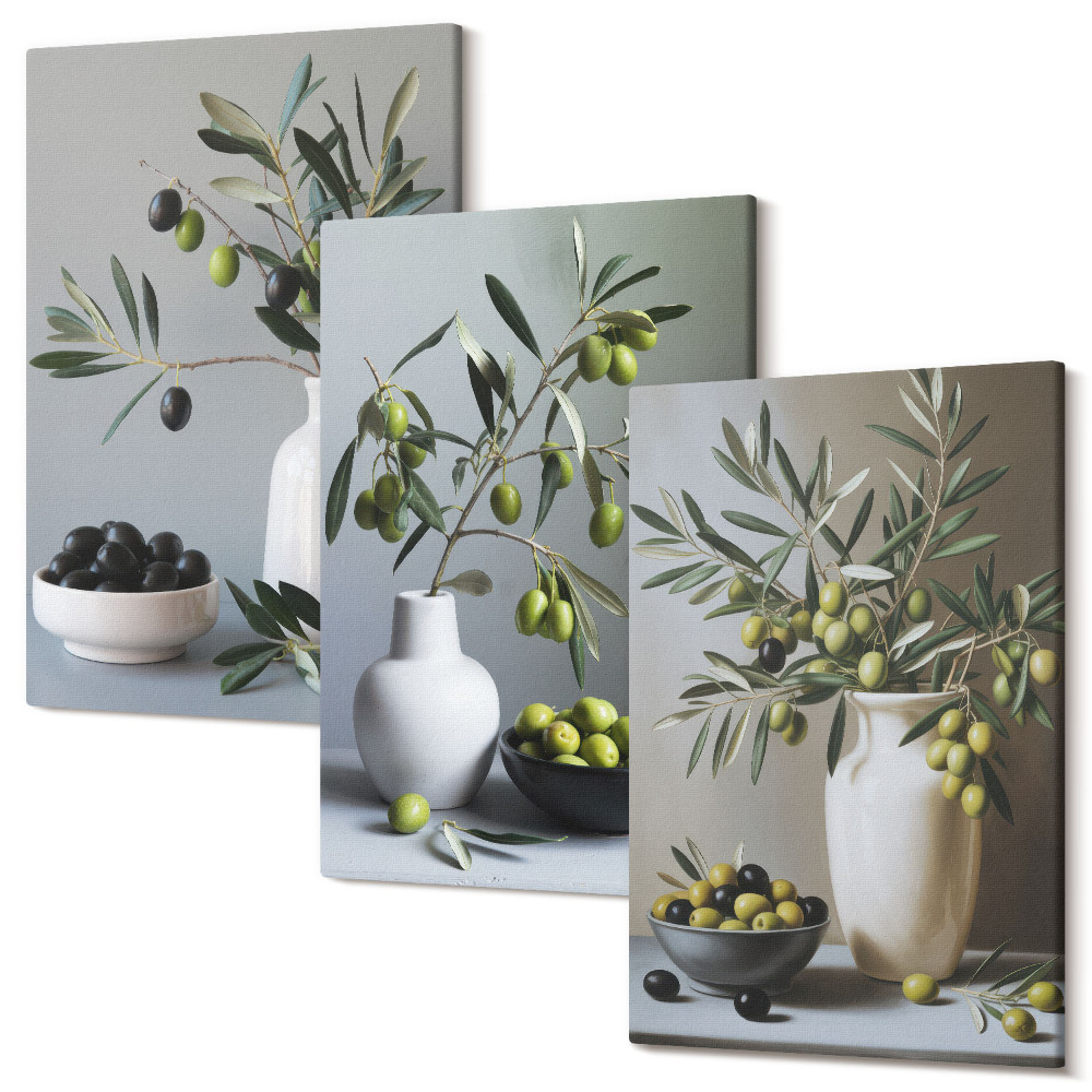 Zestaw obrazów na płótnie tryptyk Oliwki w wazonach na tle stonowanych kolorów