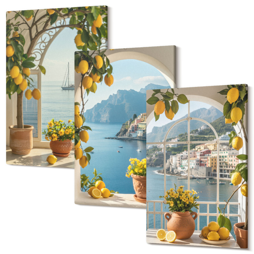 Zestaw obrazów na płótnie tryptyk Morze miasteczko cytryny i kwiaty w doniczkach
