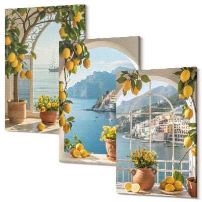 Zestaw obrazów na płótnie tryptyk Morze miasteczko cytryny i kwiaty w doniczkach