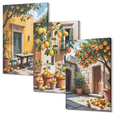 Zestaw obrazów 3 części tryptyk Owoce cytrusowe w słonecznej scenerii ogrodowej
