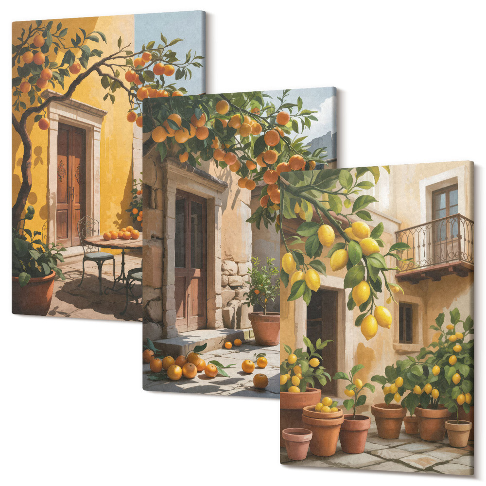 Zestaw obrazów tryptyk na ścianę Owoce cytrusowe w słonecznym dziedzińcu z roślinami