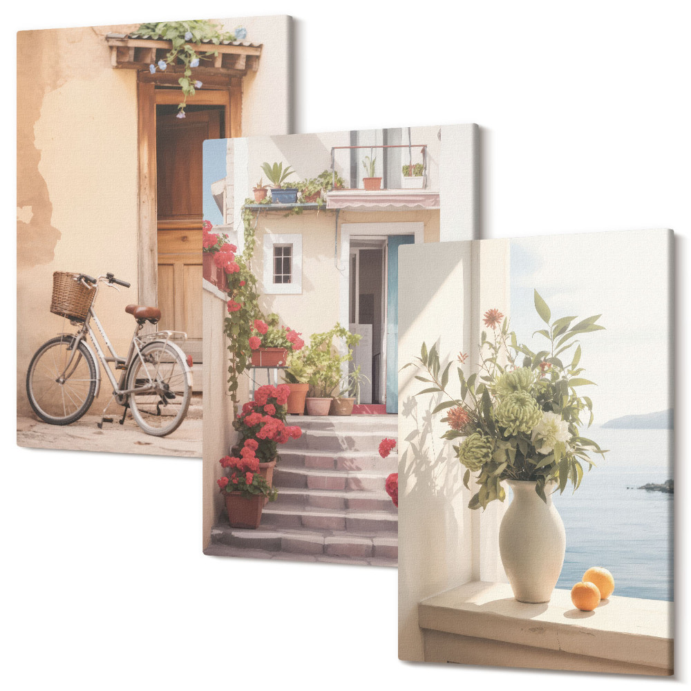 Zestaw obrazów 3 części tryptyk Urokliwe nadmorskie uliczki z kwiatami i rowerem