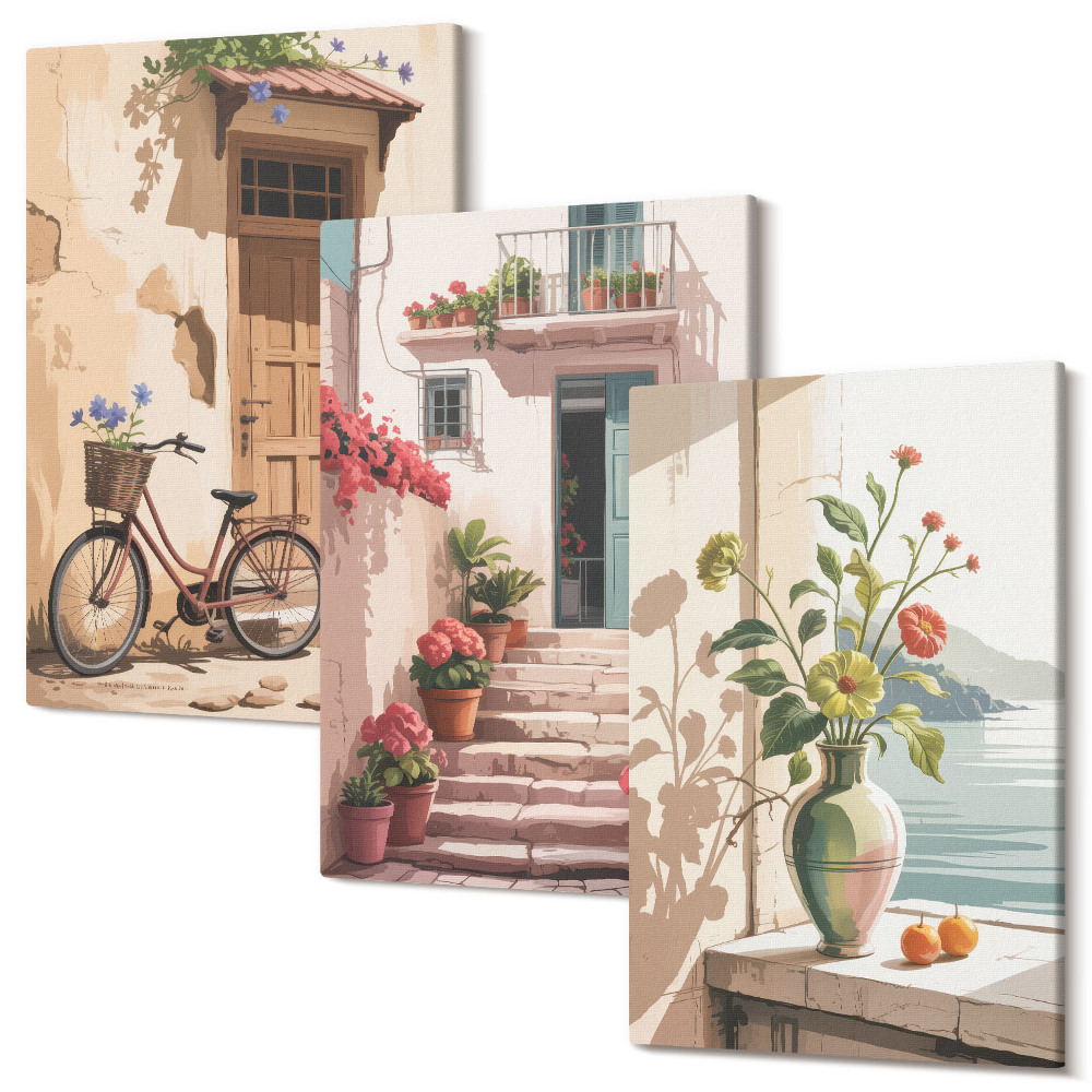 Zestaw obrazów na płótnie tryptyk Malowane uliczki z kwiatami i rowerem