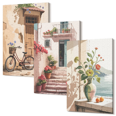 Zestaw obrazów na płótnie tryptyk Malowane uliczki z kwiatami i rowerem