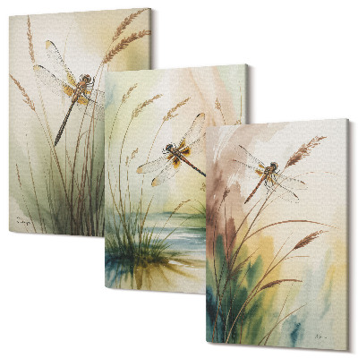 Zestaw obrazów na płótnie tryptyk Ważki wśród traw nad wodą w malarskim stylu