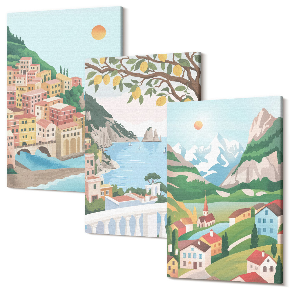 Zestaw obrazów 3 części tryptyk Widoki nadmorskie z domami w kolorach pastelowych