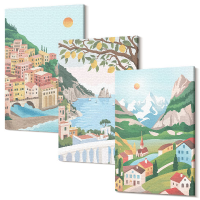 Zestaw obrazów 3 części tryptyk Widoki nadmorskie z domami w kolorach pastelowych