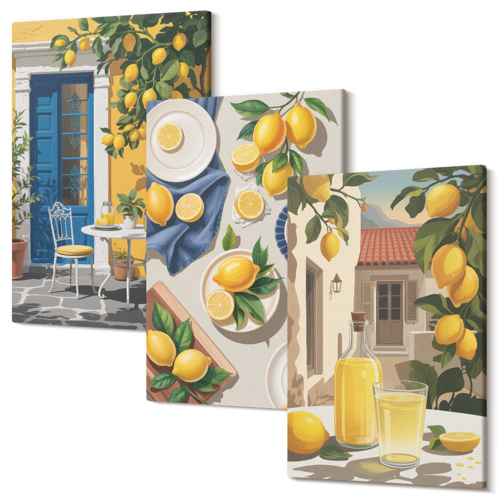 Zestaw obrazów na płótnie tryptyk Cytrynowy ogród z cytrynami i napojami na stole