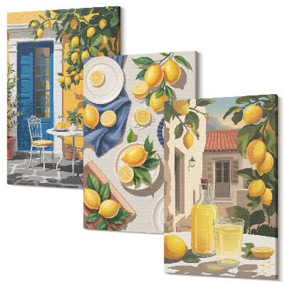 Zestaw obrazów na płótnie tryptyk Cytrynowy ogród z cytrynami i napojami na stole