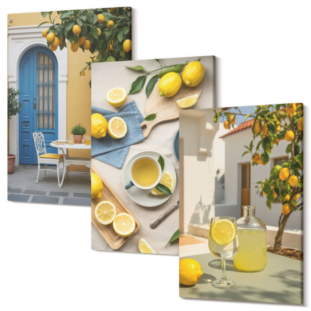 Zestaw obrazów tryptyk na ścianę Cytryny lemoniada niebieskich drzwi letnie widoki