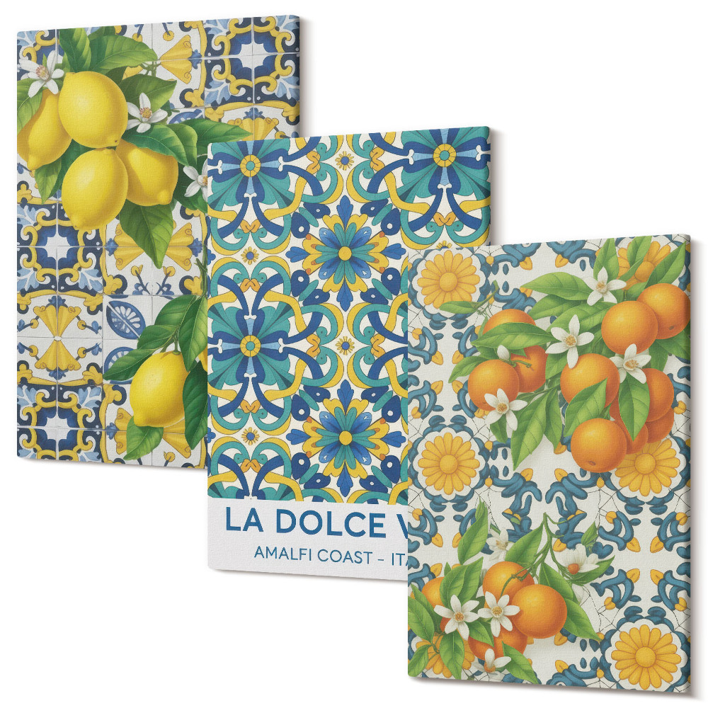 Zestaw obrazów na płótnie tryptyk Cytryny kwiaty i pomarańcze w stylu włoskim
