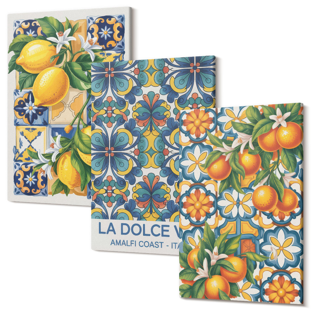 Zestaw obrazów tryptyk na ścianę Kwiaty cytryny i pomarańcze w kolorowych wzorach