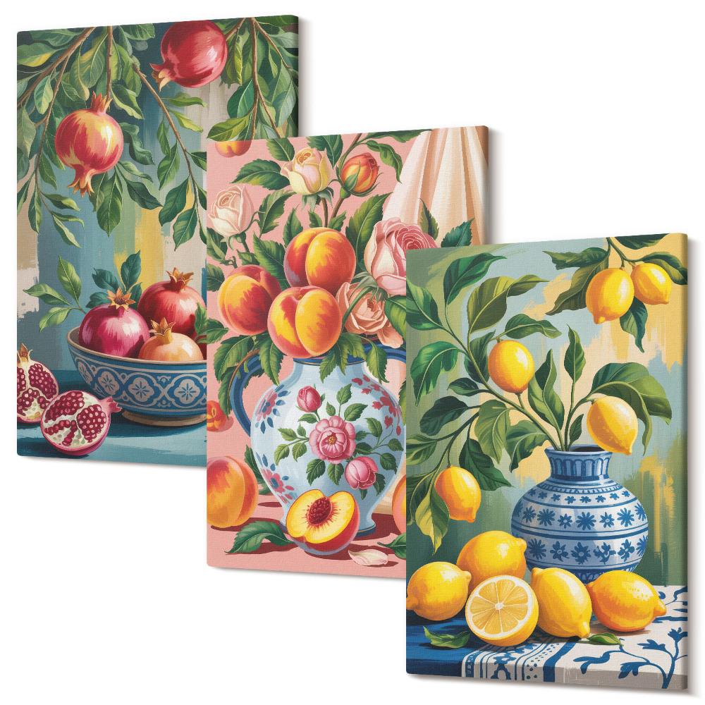 Zestaw obrazów na płótnie tryptyk Owocowe kompozycje z granatami cytrynami brzoskwiniami