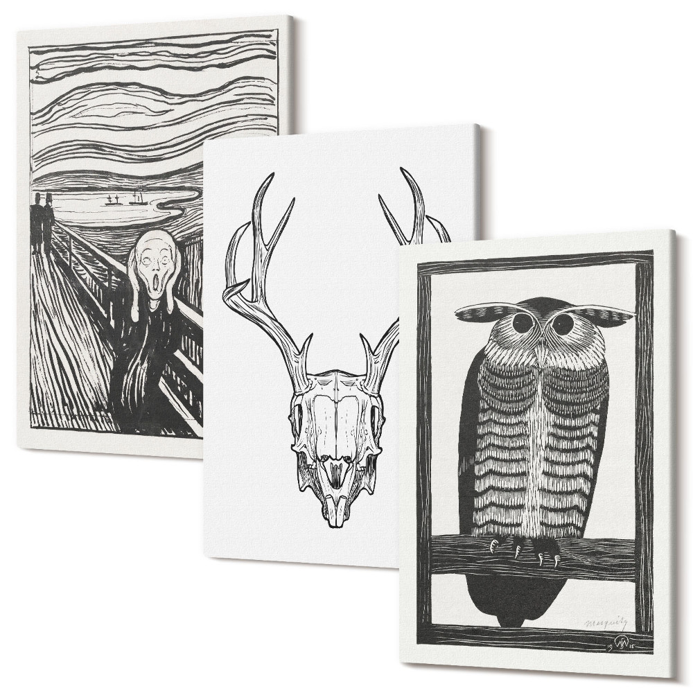 Zestaw obrazów tryptyk na ścianę Inspiracja obrazem Krzyk z czaszką i sową w stylu graficznym