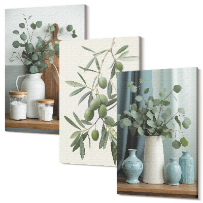 Zestaw obrazów 3 części tryptyk Zielone oliwki i gałązki eukaliptusa estetyczne