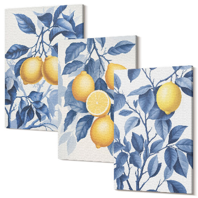 Zestaw obrazów tryptyk na ścianę Cytryny na gałęziach z niebieskimi liśćmi